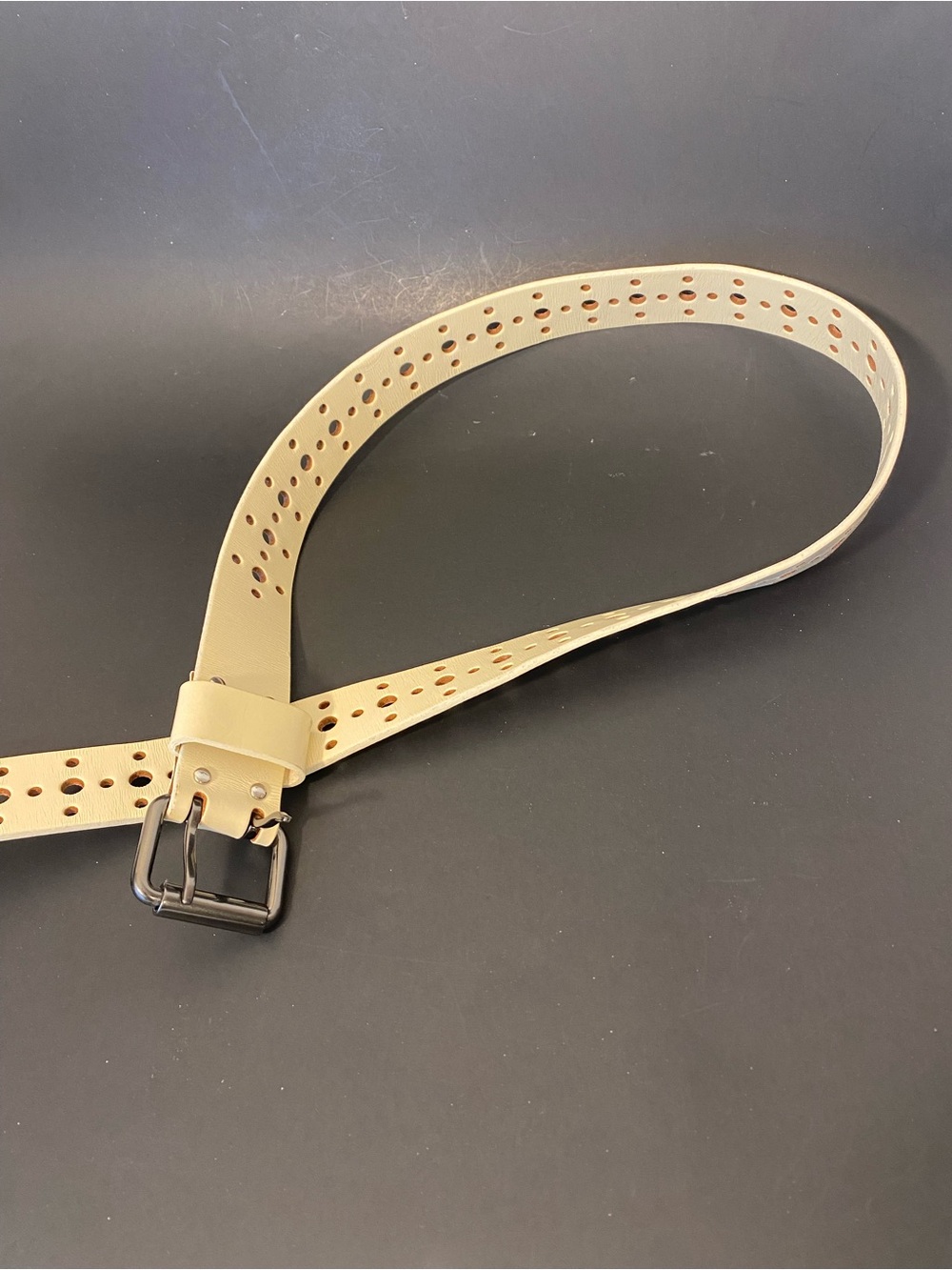 CAbi Cream Leather Perforated Belt Gunmetal Two-Prong Buckle - Picture 7 of 9